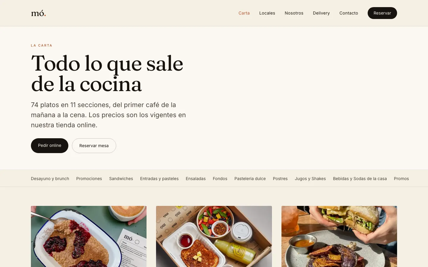 Página interior del sitio de mó café en escritorio