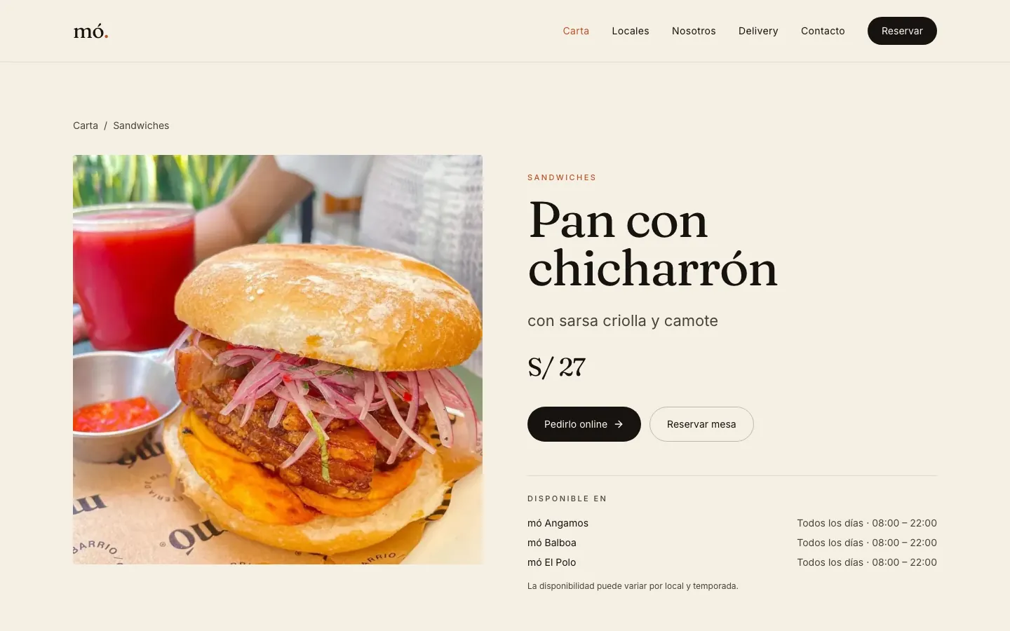 Otra página interior del sitio de mó café en escritorio