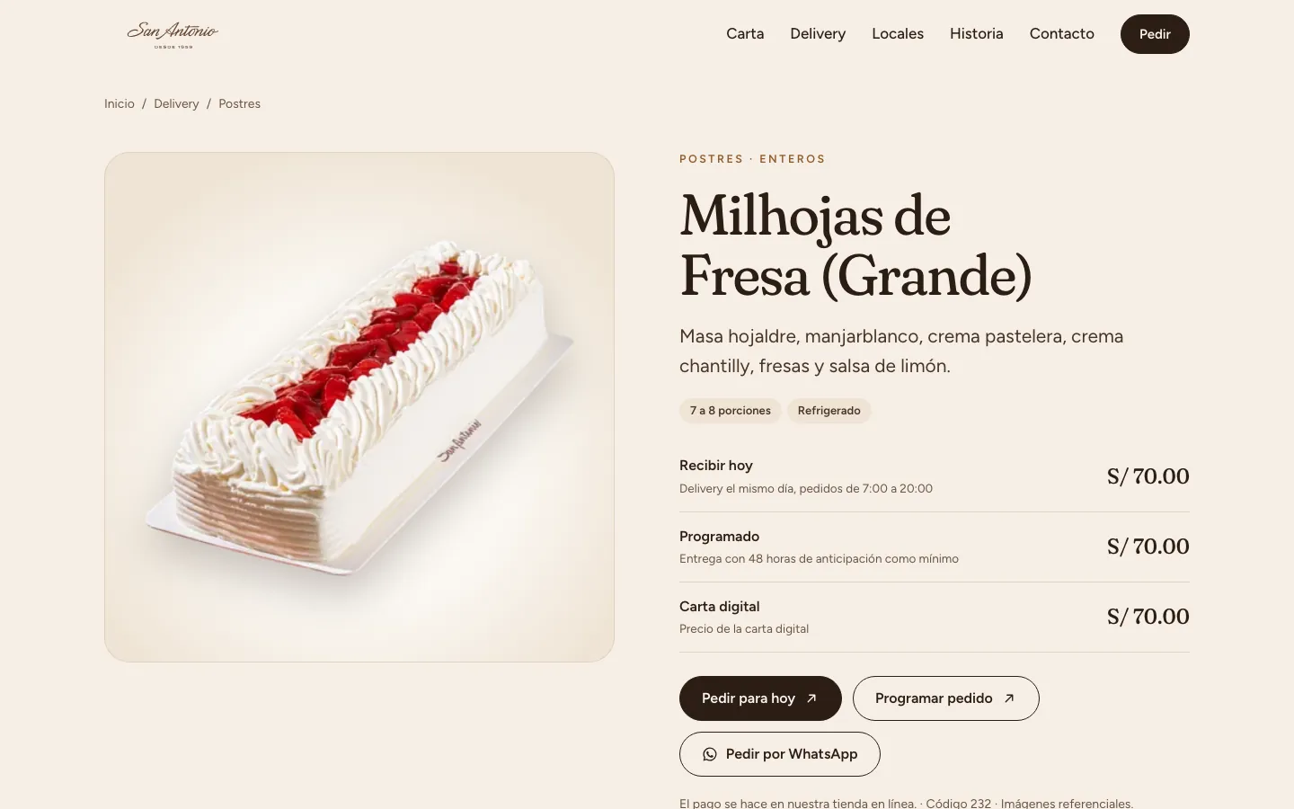 Otra página interior del sitio de Pastelería San Antonio en escritorio