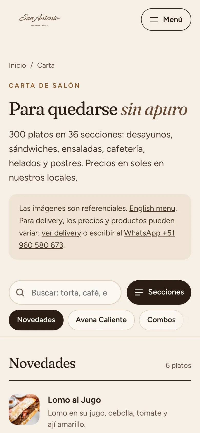 Página 2 del sitio de Pastelería San Antonio en el celular